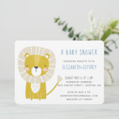 Moderner Niedlicher Lion Baby Boy Blue Yellow Einladung (Stehend Vorderseite)