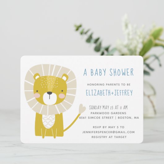 Moderner Niedlicher Lion Baby Boy Blue Yellow Einladung (Stehend Vorderseite)
