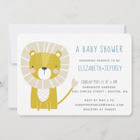 Moderner Niedlicher Lion Baby Boy Blue Yellow Einladung (Vorderseite)