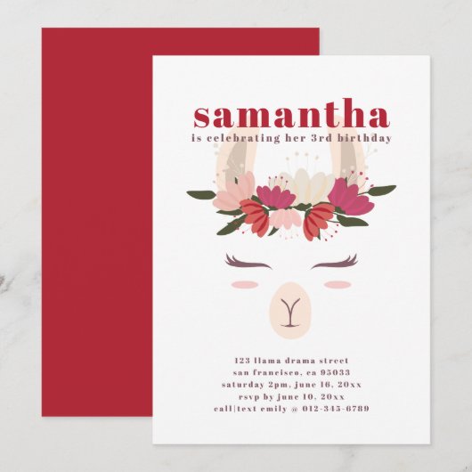 Moderner Niedlicher Llama Geburtstag Einladung (Vorne/Hinten)