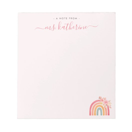 Moderner Niedlicher rosa Boho Regenbogen mit Blume Notizblock (Vorderseite)