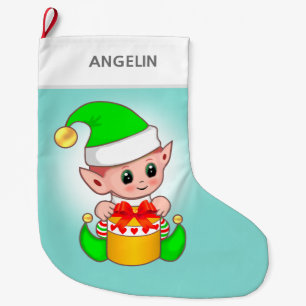 Moderner niedlicher Weihnachtself auf hellblau Großer Weihnachtsstrumpf