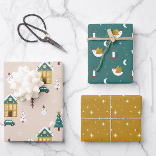 Moderner Niedlicher Weihnachtsschneemann & Taube Geschenkpapier Set