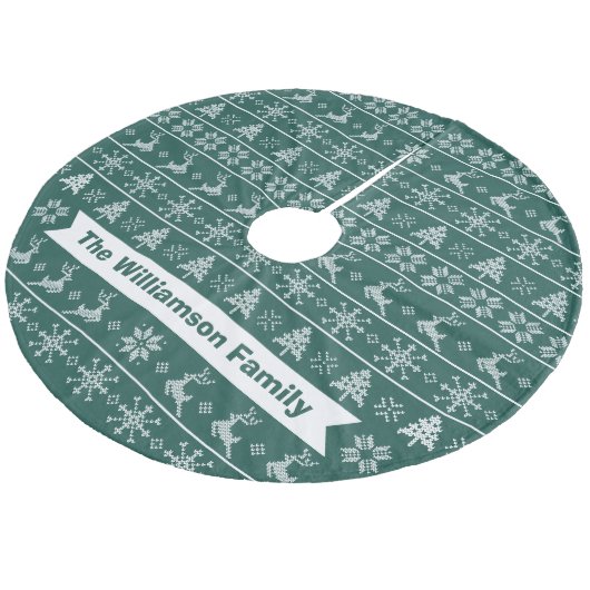 Moderner nordischer Strick Ugly Sweater Green Fleece Weihnachtsbaumdecke (Schrägansicht)