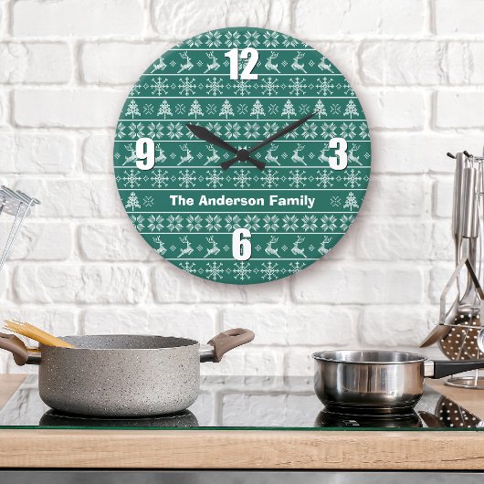 Moderner nordischer Strick Ugly Sweater Green Whit Große Wanduhr
