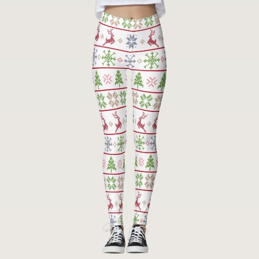 Moderner nordischer Strick Ugly Sweater Red Green Leggings (Vorderseite)