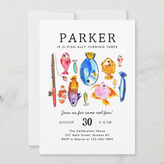 Moderner O-Fish-al Reel Fun Fish Fish Birthday Einladung (Vorderseite)