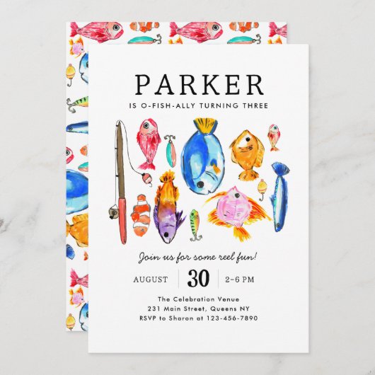Moderner O-Fish-al Reel Fun Fish Fish Birthday Einladung (Vorne/Hinten)