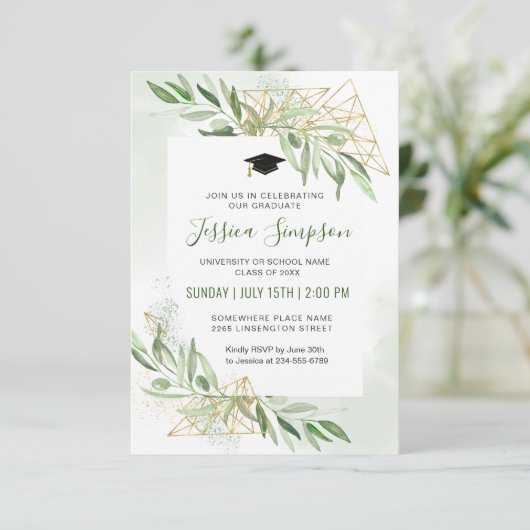 Moderner Olive Branch Grüne Foto Abschluss Einladung (Stehend Vorderseite)