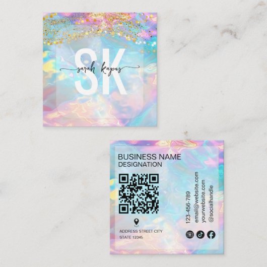 Moderner Opalstein holografisches Monogramm Qr Cod Quadratische Visitenkarte (Vorne/Hinten)