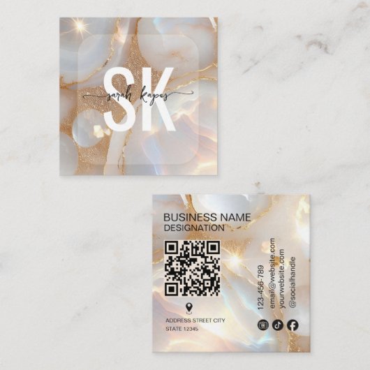 Moderner Opalstein-Monogramm-QR-Code Quadratische Visitenkarte (Vorne/Hinten)