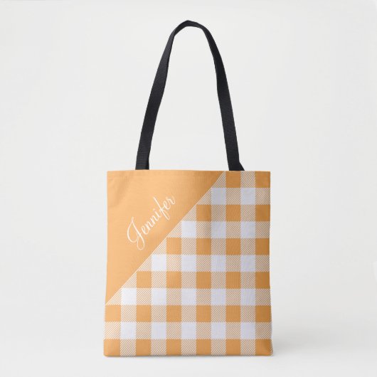 Moderner Orange Gingham Kariert Name Tasche (Vorderseite)