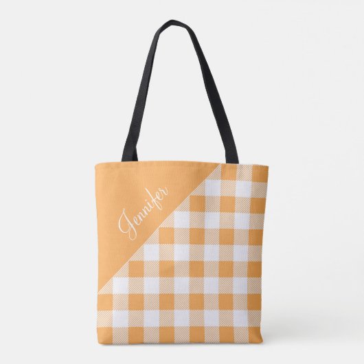 Moderner Orange Gingham Kariert Name Tasche (Rückseite)
