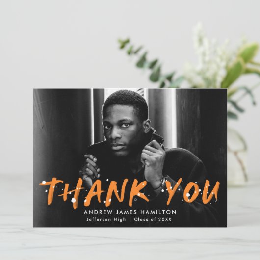 Moderner Orange Paint Spritzer Foto Abschluss Dankeskarte (Stehend Vorderseite)