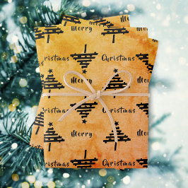 Moderner Orange Schwarzer Weihnachtsbaum Muster Ur Geschenkpapier Set