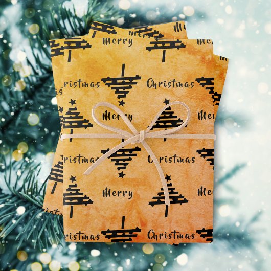 Moderner Orange Schwarzer Weihnachtsbaum Muster Ur Geschenkpapier Set