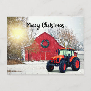 Moderner Orange Traktor in Barnyard Weihnachten  Postkarte