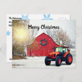 Moderner Orange Traktor in Barnyard Weihnachten Postkarte (Vorne/Hinten)