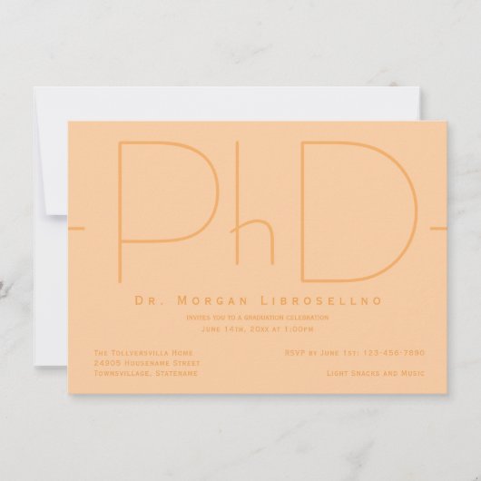 Moderner orangefarbener PhD-Abschluss Einladung (Vorderseite)