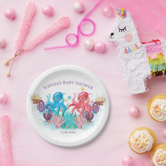 Moderner Ozean Twin Octopus Aquarellfarben Pappteller (Party)