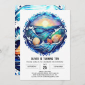 Moderner ozeanischer Kindergeburtstag Einladung (Vorne/Hinten)