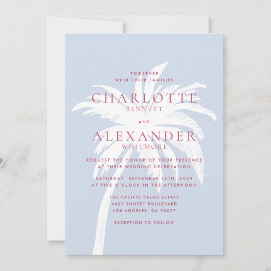 Moderner Palmenbaum an der Küste in Blau und Rosa  Einladung (Vorderseite)