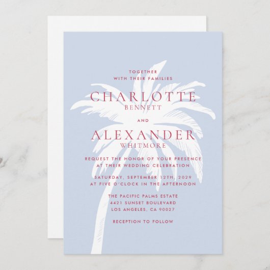 Moderner Palmenbaum an der Küste in Blau und Rosa  Einladung (Vorne/Hinten)