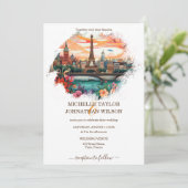 Moderner Pariser Eiffelturm Hochzeit in Urlaubsort Einladung (Stehend Vorderseite)