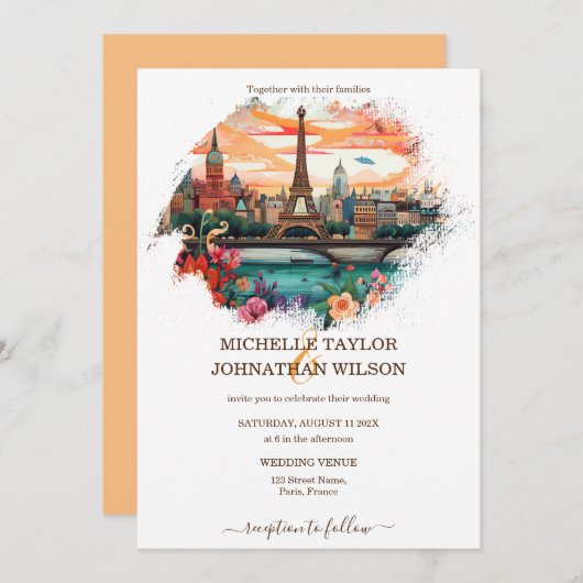 Moderner Pariser Eiffelturm Hochzeit in Urlaubsort Einladung (Vorne/Hinten)