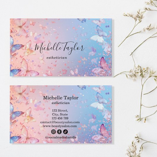 Moderner Pastel Glitzer Butterfly Estheticia Makeu Visitenkarte