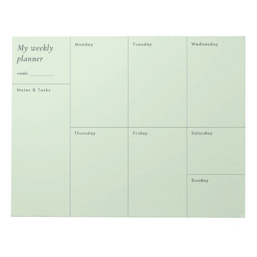 Moderner, pastellgrüner minimalistischer Wochenpla Notizblock (Vorderseite)