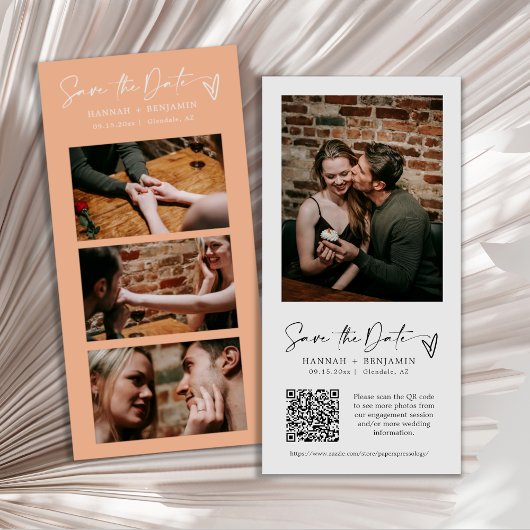 Moderner Peach Foto Booth Strip QR Code Save The Date
