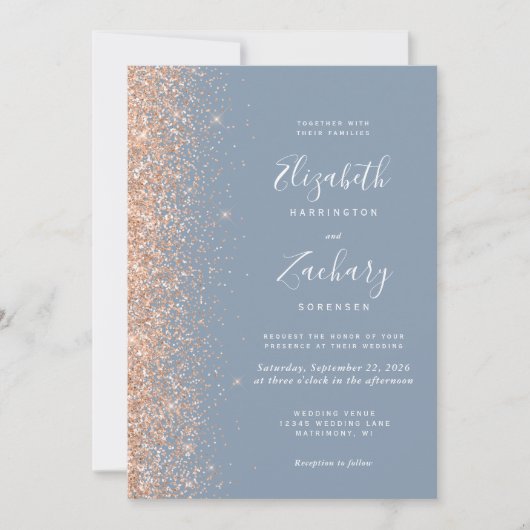 Moderner Peach Glitzer Dusty Blue QR Code Hochzeit Einladung (Vorderseite)