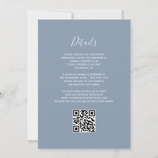 Moderner Peach Glitzer Dusty Blue QR Code Hochzeit Einladung (Rückseite)