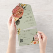 Moderner Peach Mimosa Blumengrün QR-Code All In One Einladung (Abreißen)