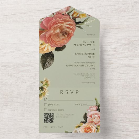 Moderner Peach Mimosa Blumengrün QR-Code All In One Einladung (Innen Boden)