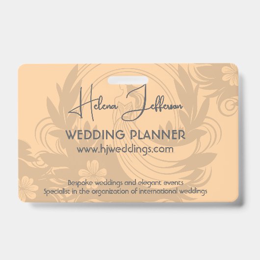 Moderner Peach Motif Logo Hochzeitsplaner Ausweis (Vorderseite)