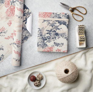 Moderner Peoney Blauleng Toile de Jouy Pattern Geschenkpapier