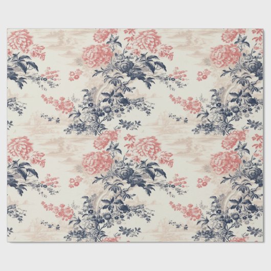Moderner Peoney Blauleng Toile de Jouy Pattern Geschenkpapier (Flach)