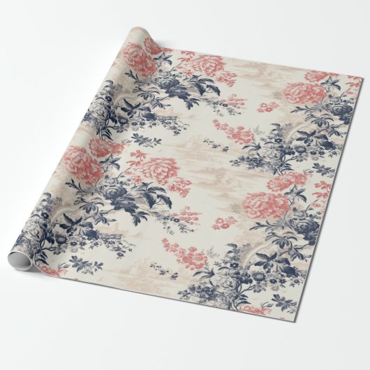 Moderner Peoney Blauleng Toile de Jouy Pattern Geschenkpapier (Ungerollt)