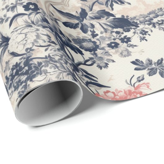 Moderner Peoney Blauleng Toile de Jouy Pattern Geschenkpapier (Rolleneckpunkt)