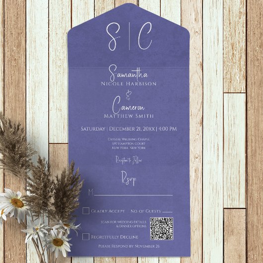 Moderner Periwinkle Minimaler QR-Code für Monogram All In One Einladung