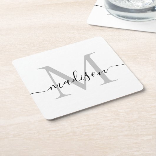 Moderner Personalisiert-grauer Monogram-Skriptname Rechteckiger Pappuntersetzer (angewinkelt)