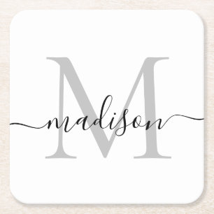 Moderner Personalisiert-grauer Monogramm-Skriptnam Rechteckiger Pappuntersetzer