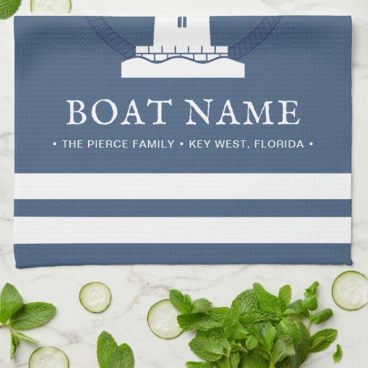Moderner Personalisierter Leuchtturm Schiffsname Geschirrtuch (Gefaltet)