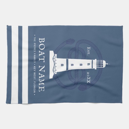 Moderner Personalisierter Leuchtturm Schiffsname Geschirrtuch (Horizontal)