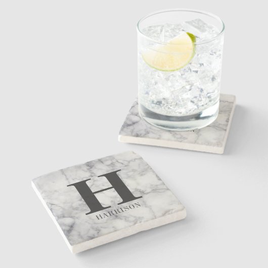 Moderner Personalisierter Monogramm-Marmor Steinuntersetzer (Seitenansicht)