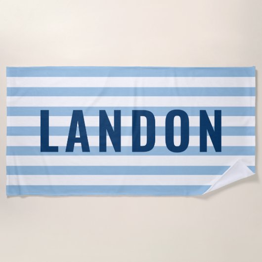 Moderner Personalisierter Name Navy Blue Striping Strandtuch (Vorderseite)