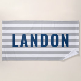 Moderner Personalisierter Name Navy Gray Strip Strandtuch