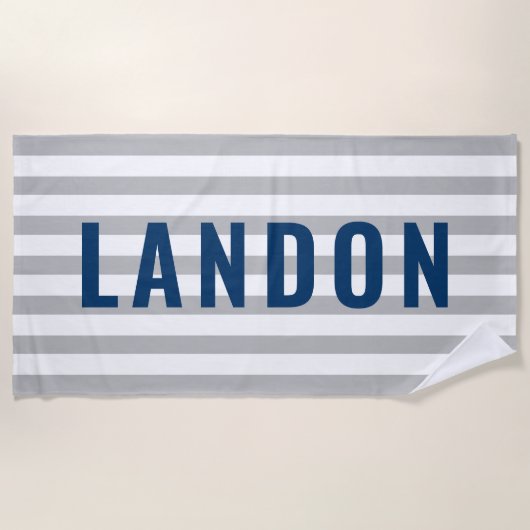 Moderner Personalisierter Name Navy Gray Strip Strandtuch (Vorderseite)